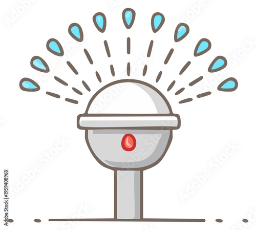 Cute cartoon garden sprinkler spraying fresh water droplets in an arc for lawn irrigation illustration