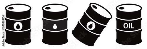 Oil Barrel Icon Set – Petroleum Fuel Storage, Energy Industry, Black Minimal Vector
 with Oil Drop Symbols Collection