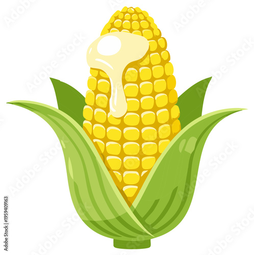 Bright Yellow Corn Cob With Melting Butter Drip and Green Husks