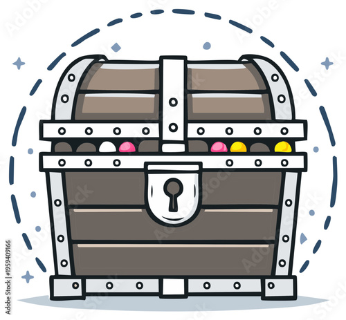 Cartoon treasure chest overflowing with gold coins and jewels, sealed with a lock.