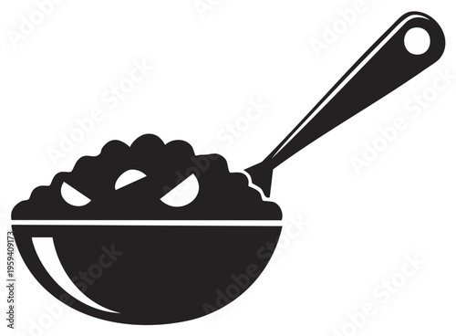 Simple black and white vector icon of a serving spoon scooping porridge or oatmeal from a bowl