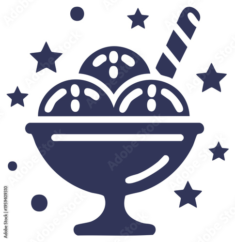 Ice cream sundae in a decorative bowl with stars and a striped stick