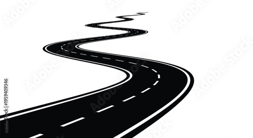 Winding black and white vector illustration of an asphalt highway receding toward the distant horizon