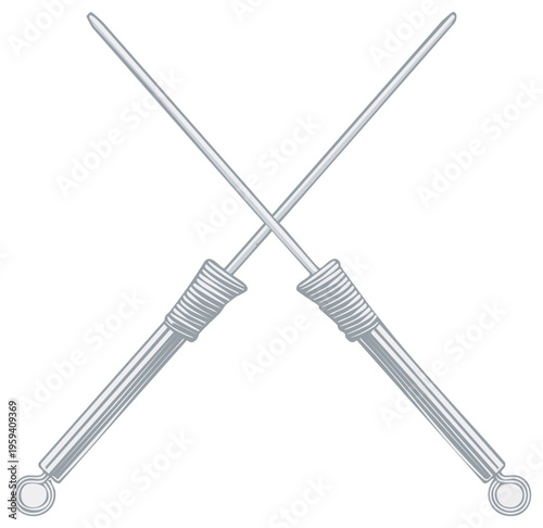 Crossed metal shock absorbers on white background, repair parts.