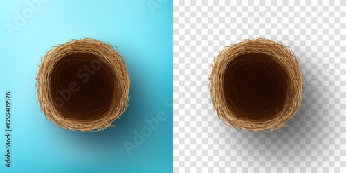 Top view of Empty Bird nest on blue and transparent background.Vector and template of Nest for Easter Day in flat lay styling.Vector illustration eps 10