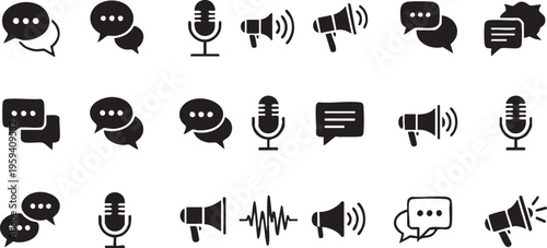 Black silhouette of microphones and speech bubbles on white background communication
