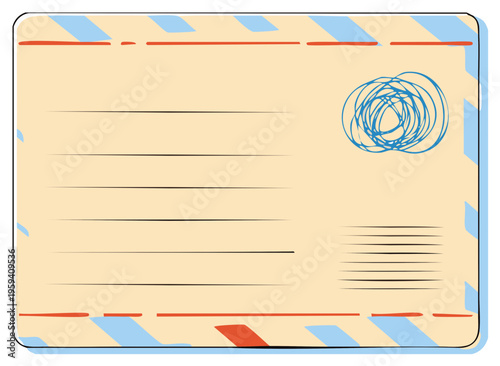 Stylized Airmail Envelope Illustration with Address Lines and a Doodle Stamp for a Creative Mockup or Template Design