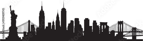 Black silhouette of New York City skyline with Statue of Liberty and bridges