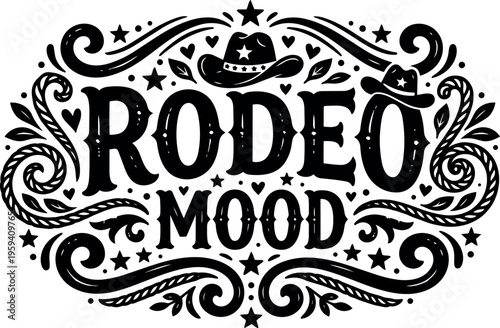 Black and white rodeo mood lettering with cowboy hats and swirls