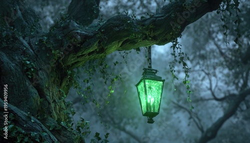A glowing green lantern hanging from a gnarled tree branch.