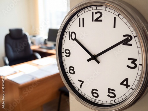 Close-up of office clock on wall with blurred background of desk and chair in daylight