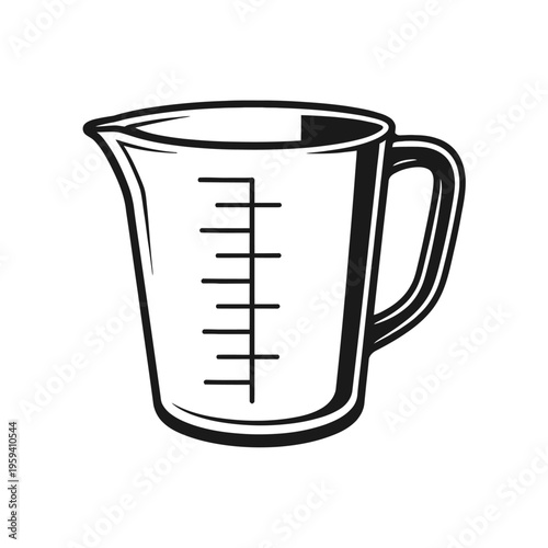 Black and white line art measuring cup vector icon with clear volume markings, pouring spout, and handle for precise cooking, baking, and general kitchen use by chefs and home cooks.