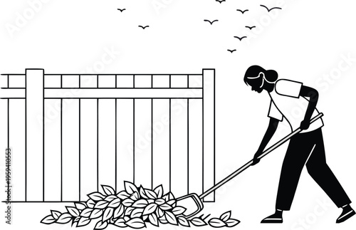 Minimalist line art vector of woman raking autumn leaves, backyard gardening and yard work scene, person cleaning garden by a wooden fence