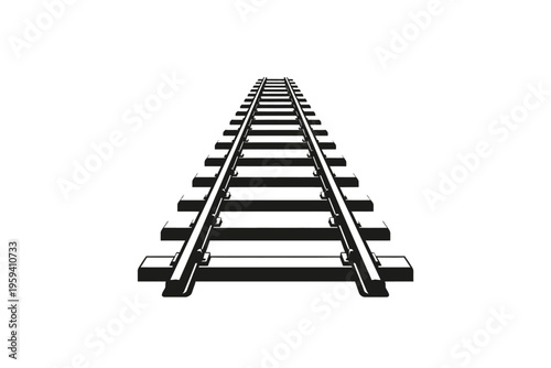 Black and white railway tracks, vector art, receding perspective, symbolizing journey and progress. Clean, minimalist graphic for transportation and travel themes, isolated on white background. Path,
