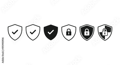 Collection of vector graphic shield icons illustrating security verification and locked protection symbols clearly displayed