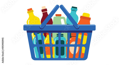 Colorful vector illustration of various cleaning or household product bottles inside a bright blue shopping basket.