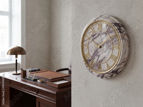Elegant office interior with marble clock and wooden desk by window