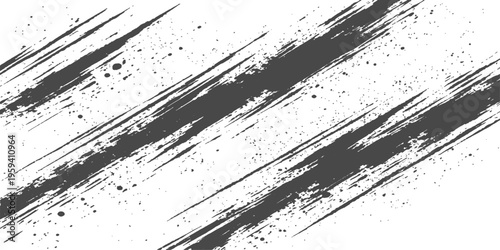 An abstract black and white grunge background featuring a dark ink splash pattern with paint splatter textures and an old stained wall design element within a dirty spray border frame vector