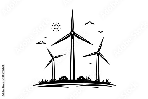 Wind Farm Vector Illustration: Three modern turbines efficiently generating clean, renewable, sustainable energy. An eco-friendly landscape with bright sun, serene clouds, and flying birds, symbolizin
