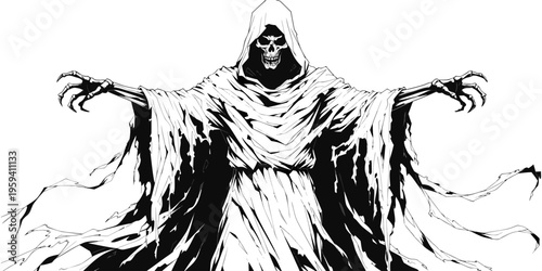 Isolated Ghostly Reaper with Rags and Skull, Spreading Its Arms – Creepy & Ominous, vector illustration of a vintage hand drawn horse sketch in black style.