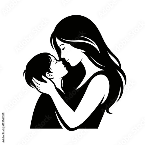 A heartwarming black and white silhouette illustration capturing the profound, tender embrace between a loving mother and her cherished child, symbolizing an unbreakable bond, maternal care, heartfelt