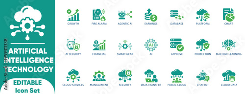 Artificial Intelligence Technology Icons Set. Artificial Intelligence, AI, Technology, Machine Learning, Cloud Computing, Data, Security, Business, and icons. 