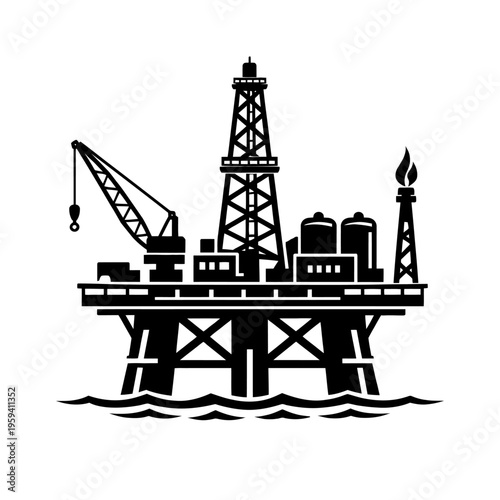 Offshore Oil Rig Icon: Black Silhouette of a Marine Petroleum Drilling Platform with Tower Derrick, Robust Crane, Essential Storage Tanks, and Flaring Stack, Vividly Representing Global Energy Explora