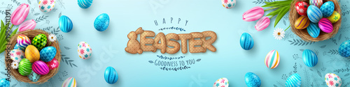 Easter Poster And Flyer Template with Easter eggs in the nest and Font of cracker biscuits on bule background.Greetings and presents for Easter Day in flat lay styling.banner template for Easter day