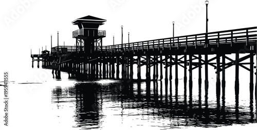 Black and White Silhouette Vector Illustration of a Wooden Ocean Pier with a Lifeguard Tower and Rippling Reflections on Water
