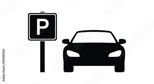 Black silhouette vector graphic illustration showing a car parked next to a parking regulation sign