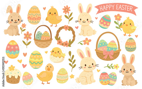 Easter egg cute for flower spring plant and animal bunny happy. Rabbit chick background for element chicken easter and set basket vector. Easter butterfly baby for flower kawaii egg
