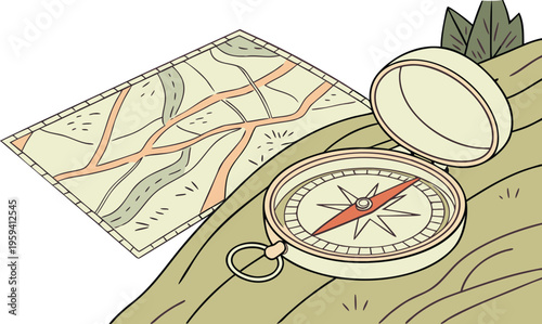 Vintage travel compass and paper map on grassy hill, retro navigation equipment for hiking, outdoor adventure and exploration vector illustration