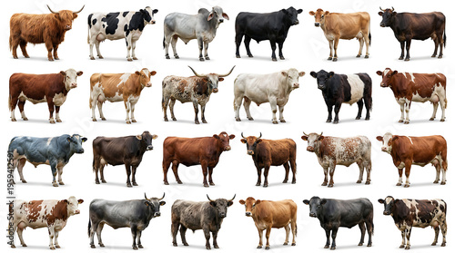 Diverse collection of cattle and cow breeds standing isolated on white background.