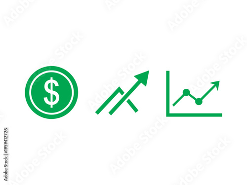 Green icons showing a dollar sign, an ascending line with a crossing, and a data plot confirm upward financial trajectory.