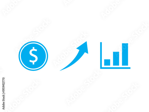 Blue iconography representing monetary value, directional improvement, and positive statistical progress indicates financial.