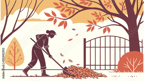 Autumn garden maintenance vector illustration, woman raking fallen leaves in backyard, seasonal yard work and landscaping scene with orange foliage
