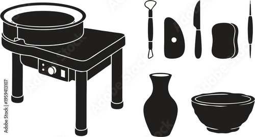 Pottery and ceramic craft equipment silhouettes collection solid black shapes