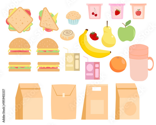 Lunch collection with sandwiches, fruits and takeaway packaging. Food illustration for school or office meals and everyday nutrition concepts.