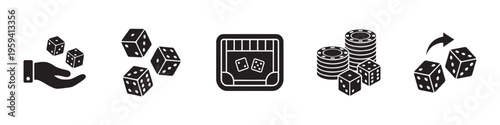 Dice and Gambling Icon Set: Rolling Dice, Casino Chips, and Board Game Elements. Vector Illustration.