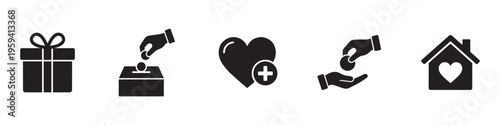 Charity and Donation Icon Set: Giving Hand, Heart, Gift, and Volunteering Symbols. Vector Illustration.