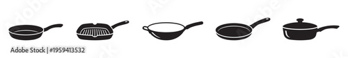 Kitchen cookware icon set with frying pans, wok, and grill pan isolated on white. Vector Illustration.