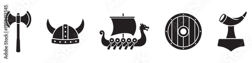 Viking and Norse mythology icon set with axe, helmet, drakkar, and shield. Vector Illustration.