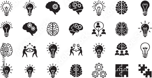 Black silhouettes of light bulbs brains and people on white background puzzle pieces