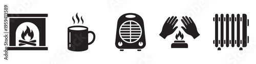 Heating and warmth icons set with fireplace, heater, radiator, and hot cup. Vector Illustration.