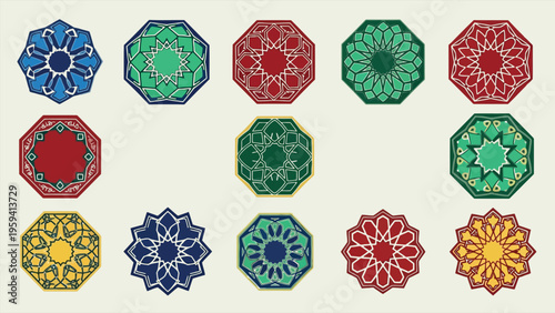 Bild auf Leinwand Colorful mandala icons, geometric shapes, octagon designs, floral patterns