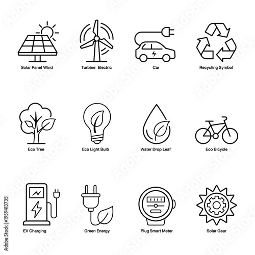 12 Eco Friendly and Green Energy Line Icon Set. 