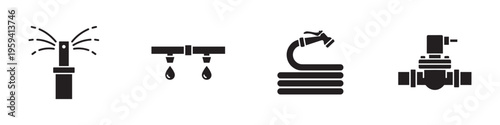 Garden irrigation and watering system icon set, sprinkler and hose equipment, flat vector illustration.
