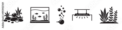 Aquarium and fish tank maintenance icons set flat vector illustration.