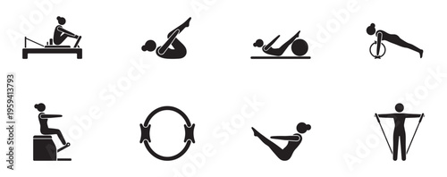 Pilates exercises and fitness equipment icons set flat vector illustration.