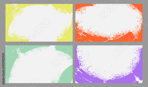 Vector illustration. Horizontal banners with abstract brush strokes and halftone dots pattern. Modern layouts for social media backgrounds, panoramic overlay. Vintage art style frame